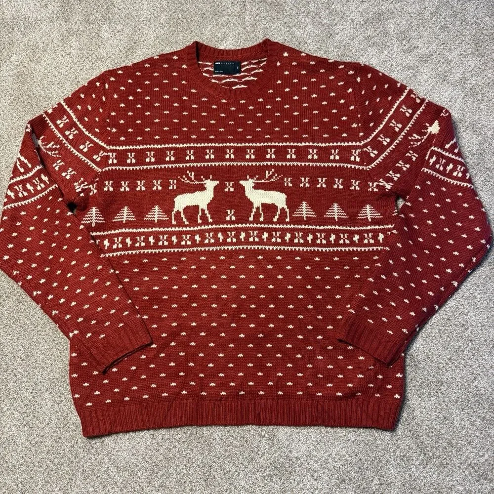 ASOS DESIGN Fair Isle Christmas Sweater Mens 2XL Red Reindeer Snowflake Holiday